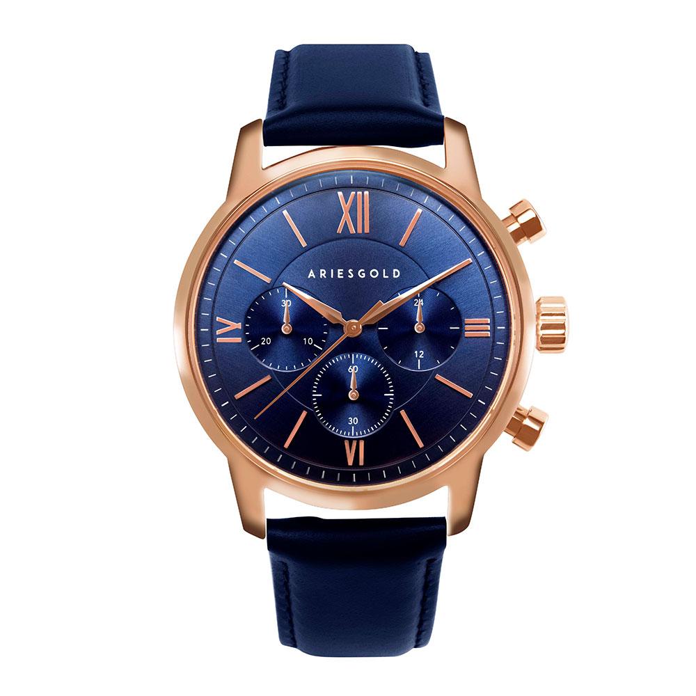ARIES GOLD URBAN ETERNAL ROSE GOLD STAINLESS STEEL G 1027 RG-BU BLUE LEATHER STRAP MEN'S WATCH